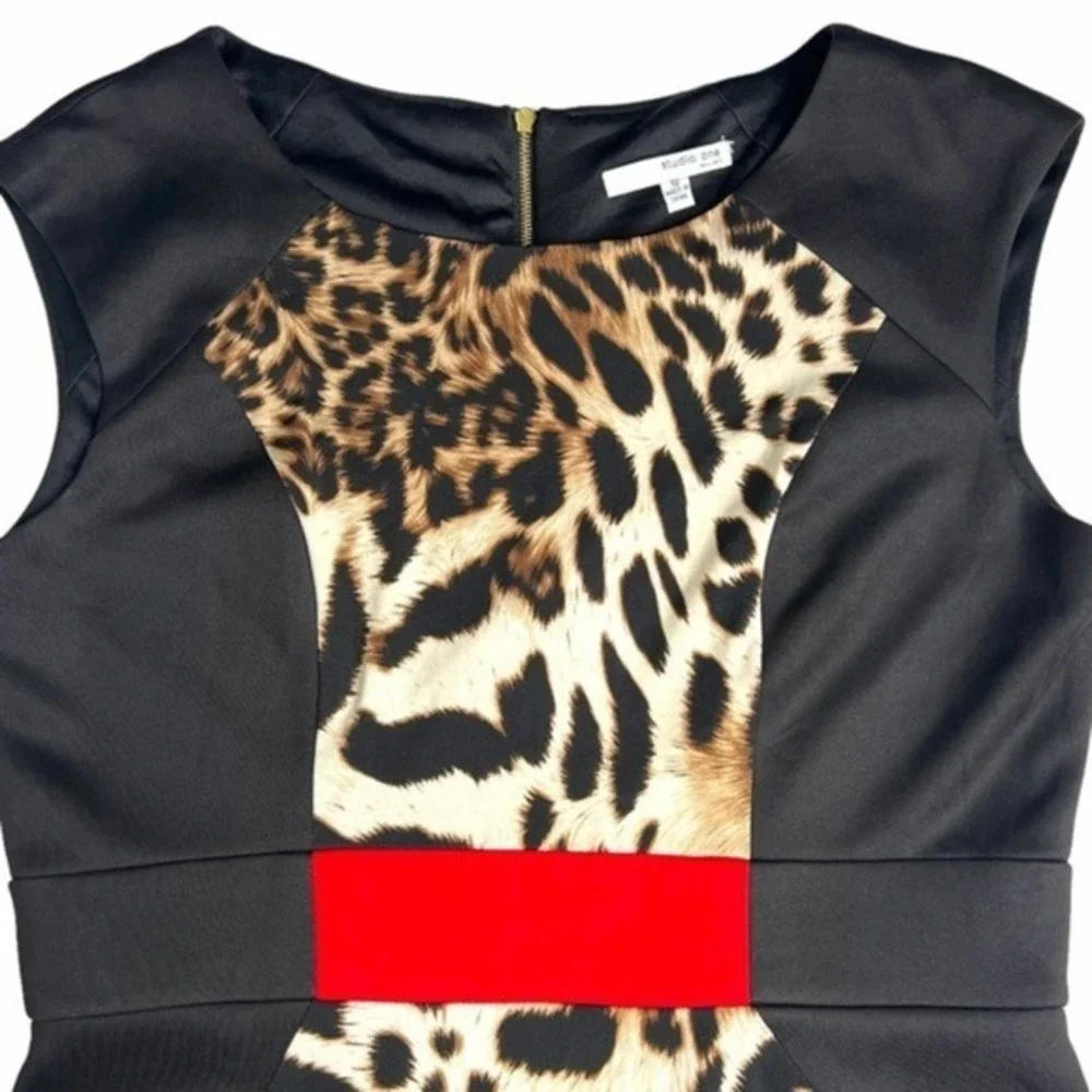 Studio One Leopard Print Splash of Red‎ Sleeveless Body Con Dress Size 12 - Picture 3 of 8